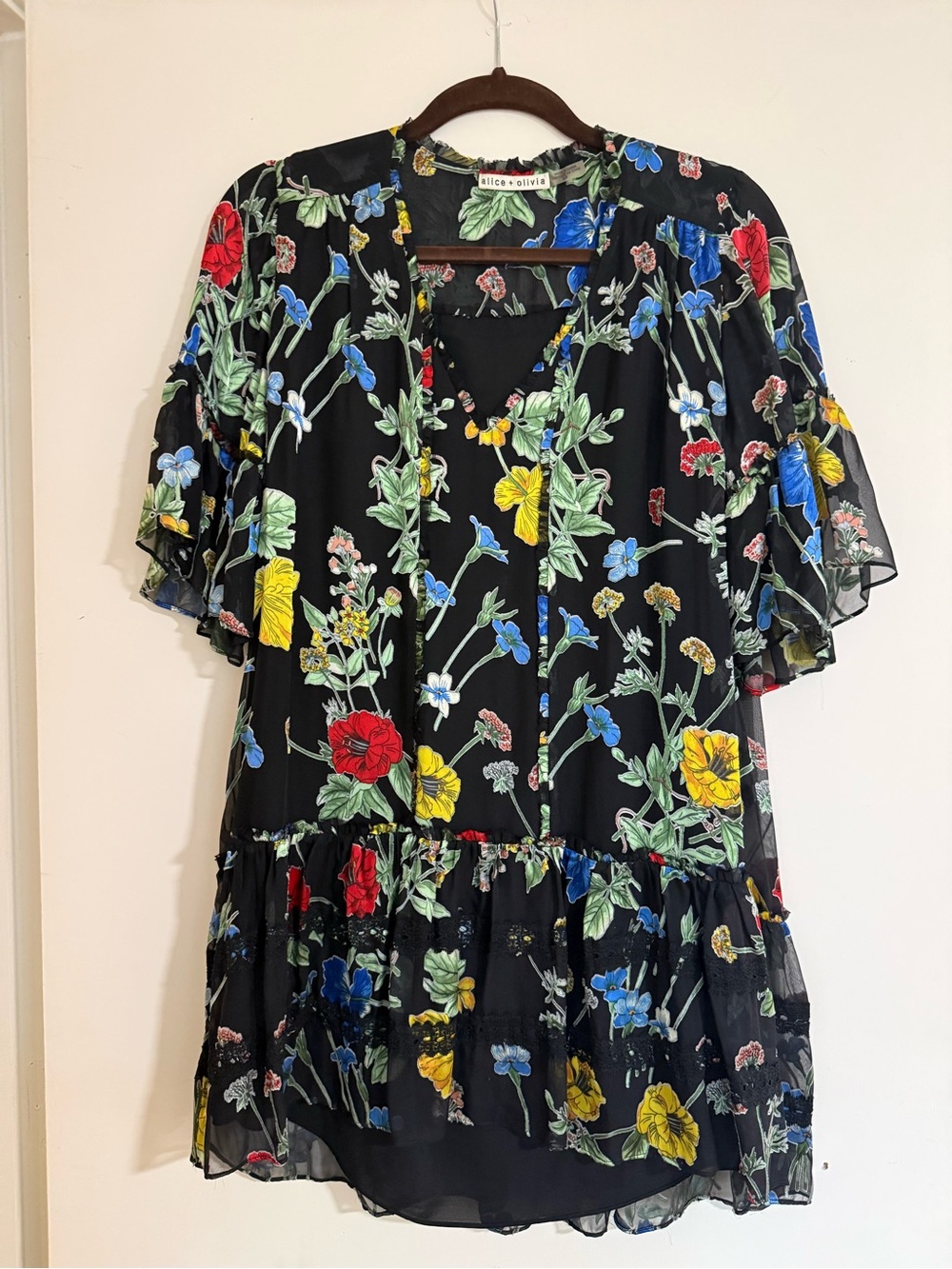 Alice + Olivia Black Floral Mini Dress with Red, Yellow & Blue Flowers